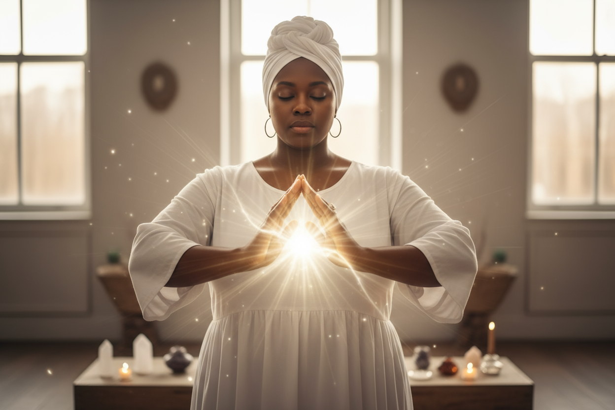 Create a plus size black woman. She is a reiki practitioner. She is wearing all white and is wearing a white turban. She has power radiating from her hands 