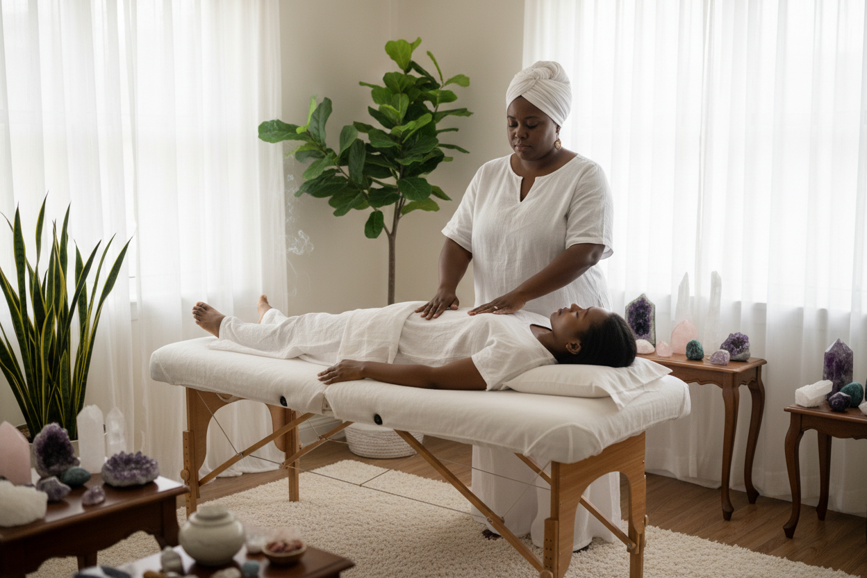Create an image of a black plus size woman. She is a reiki practitioner. She is wearing all white. She has a white turban on her head. She is in an holistic office. There are crystals, standing plants near the walls. There is a massage table in the the office. On the table there is a black woman, receiving reiki from the reiki practitioner.