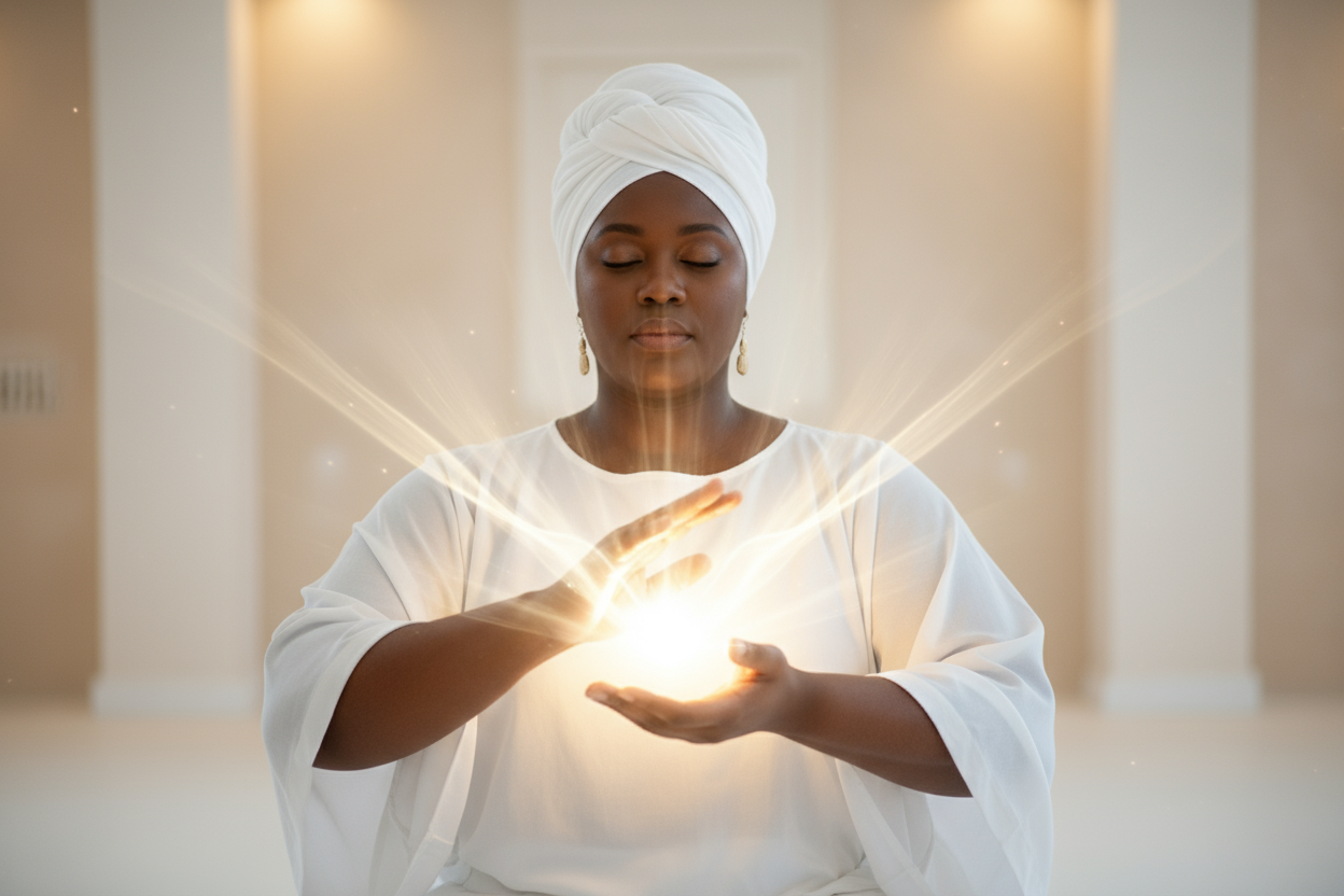 create an realistic image of a black woman. She is a plus size woman. She is wearing all white. She is wearing a white turban. she is a reiki practitioner. she has power radiating from her hands.